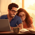 a_happy_young_husband_and_wife_sitting_in_front_of_laptop