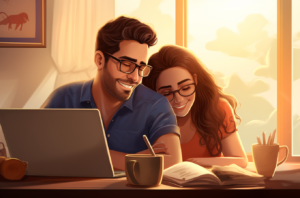 a_happy_young_husband_and_wife_sitting_in_front_of_laptop