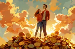 a-happy-couple-standing-on-a-mountain-of-coins