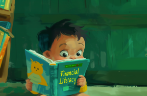 baby reads a book titled financial literacy