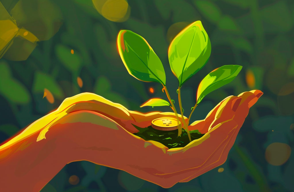 a hand holding a coin with leaves sprouting out