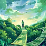 A person confidently walking up a path made of dollar bills